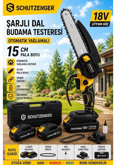 Schutzenger RN9010 Çift Akülü Şarjlı Dal Budama Testeresi Otomatik Yağlamalı Hızar Yedek Zincir Sarı
