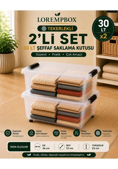 Lorempbox 30 Lt Tekerlekli Şeffaf Saklama Kutusu 2'li Set Diğer