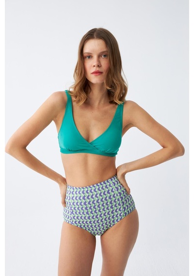 Akbeniz Kadın Yeşil Pedli Geometrik Desenli Yüksek Bel Bikini Takımı