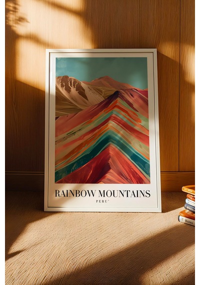 Rainbow Mountains Peru Vintage Seyahat Posteri Çerçeveli Tablo - Premium Gökkuşağı Dağları Dekor Beyaz