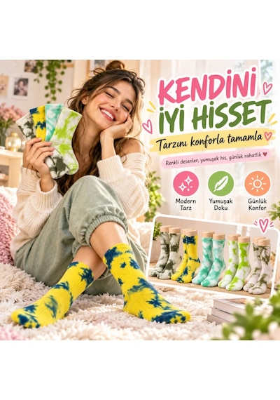 Womanandkids Wak Unisex Batik Desenli Çorap 10'lu Set Pamuklu Renkli Uzun Soket Dikişsiz Nefes Alan Günlük Spor Çorabı Çok  Renkli