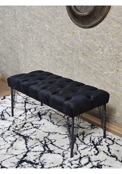 Zafir Siyah Boyalı Tel Ayaklı 90 Cm Puf Bench - Puf - Bench - Kasalı Oturak - Oturak - Yatak Ucu Puf Siyah