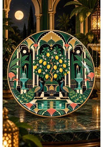 Dekoratif Duvar Tabağı Limonlu Art Deco Bahçe Dekorlu Seramik Tabak Sarı