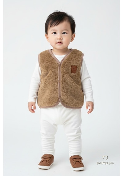 Babyden's Welsoft Erkek Bebek Çocuk Çıtçıtlı Yelek Ayıcık Armalı, Yumuşak Peluş Bebek Yeleği Kahverengi