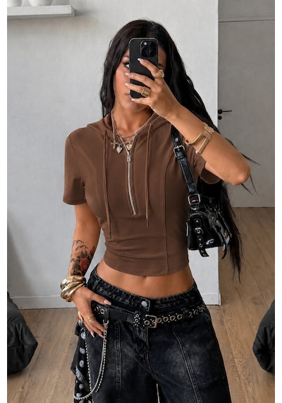 Tarz Cool Kapüşonlu Crop Tişört Fermuarlı Kısa Kollu Kadın Üst Body Kahverengi