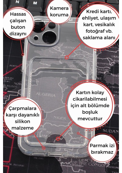 Apple Uyumlu iPhone 13 Kredi Kartlıklı Şeffaf Kılıf Kamera Korumalı