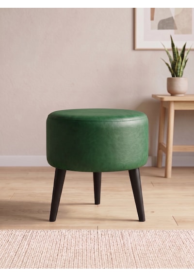 Modern Yeşil Deri Puf Tabure Ahşap Siyah Ayaklı Yuvarlak Puf 40x42 Cm