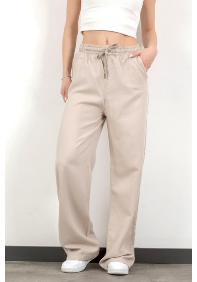 Giysa Kadın Beli Lastikli Bağcıklı Bol Paça Pantolon Taş - 4707 Taş