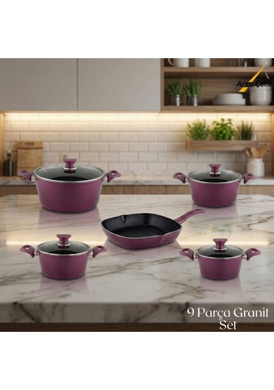 9 Parça Granit Set Cam Kapak - Mürdüm Mürdüm
