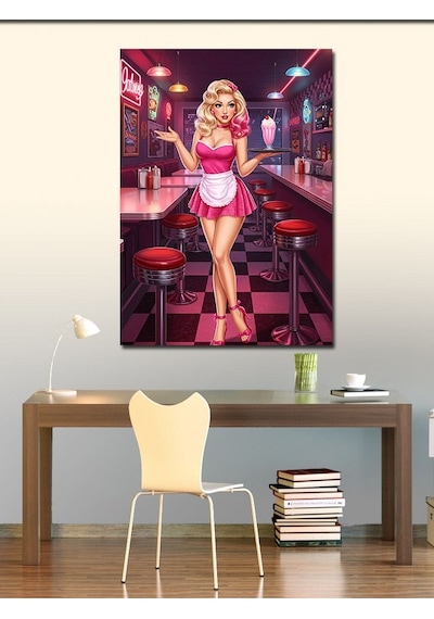 Kanvas Tablo Retro Kafede Pembe Elbiseli Kadın 100cmx140cm