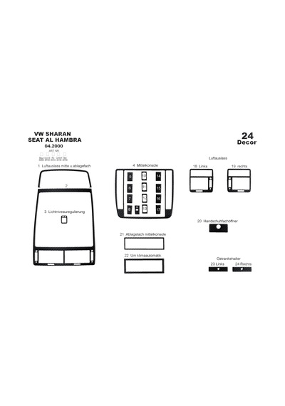 Volkswagen Sharan Torpido Kaplama 2000-2009 24 Parça Siyah Karbon