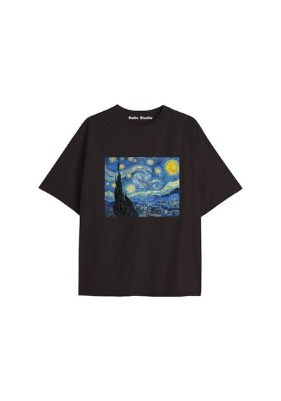 Kalic Studio Unisex Van Gogh Baskılı Oversize Tshirt Siyah-77