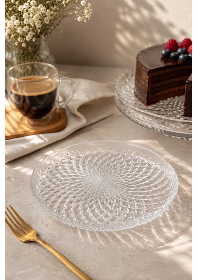Aden - 6'lı Cam Pasta Sunum Tabak Yuvarlak 18 Cm Şeffaf