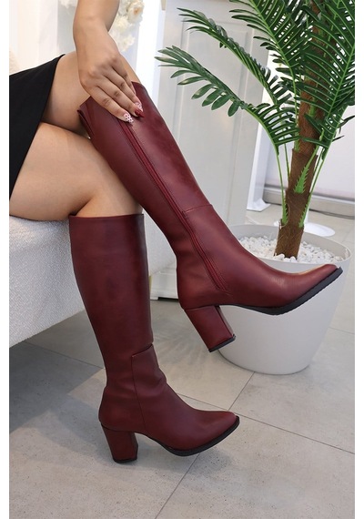 Asmi Shoes Kadın Lamor Bordo 7 Cm Topuklu Yandan Fermuarlı Diz Altı Çizme 400
