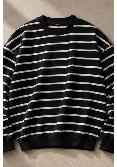 Rovebella Breton Çizgili İnce Penye Sweatshirt Siyah