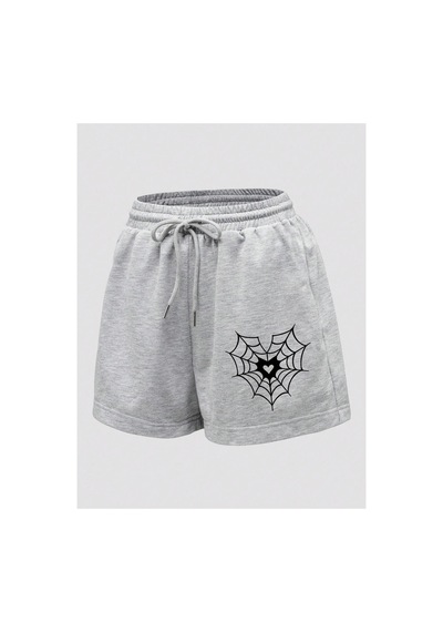 Tarzsokak Halloween Spider Web & Heart Print Drawstring Waist Şort Gri