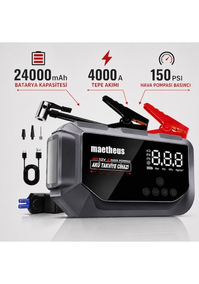 24000 Mah 4in1 Akü Takviye Cihazı 150 Psı Kompresör Lastik Şişirme Powerbank Eva Çanta 4000a Tepe Akım