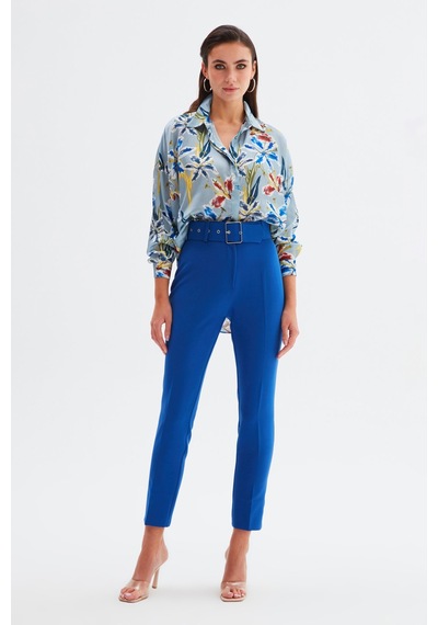 Sateen Yüksek Bel Kemerli Pantolon - İndigo-132324 İndigo