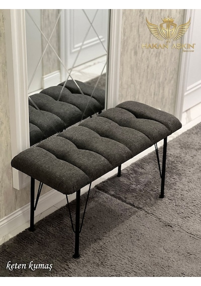 By Hakan Aşkın Metal 4 Ayaklı 90 Cm Eco Keten Antrasit Puf & Bench Tekli 2024 Antrasit Keten