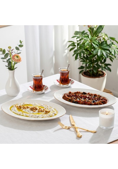 Porsima 4455 Burçak Porselen Altın Fileli Kayık Tabak Seti - Oval Kahvaltılık Sunumluk Seti 30cm Beyaz