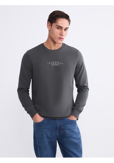 Lcwaıkıkı Classic Antrasit Bisiklet Yaka Baskılı Erkek Sweatshirt