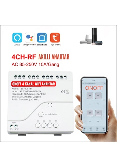 Tuya Destekli Akıllı Wifi+rf Modlu 4 Kanal Işık Anahtar Röle