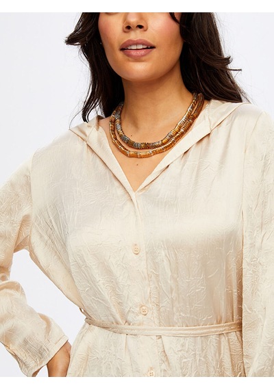 Faik Sönmez Beli Kuşaklı Kapüşonlu Krinkıl Saten Tunik W26tnk016 Uw26tnk01673 Ekru