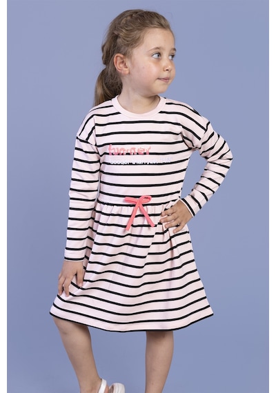 Toontoy Kız Çocuk Bel Fırfır Detaylı Çizgili Yazı Baskılı Elbise Pudra