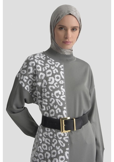 Armine Trend Leopar Desenli Balıkçı Yaka Triko Tunik Gri 25ytd4110 Gri