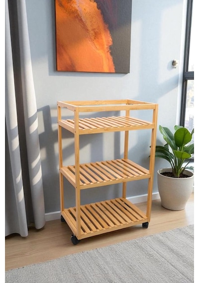 Digithome Bambu 3 Raflı Tekerlekli Sunum Servis Arabası Mutfak Rafı Sehpa Banyo Rafı Db-0029 Kahverengi