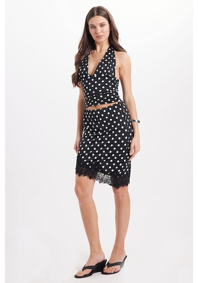Tudors Kadın Slim Fit Dar Kesim Puantiyeli Dantel Detaylı Asimetrik Siyah Etek-51018