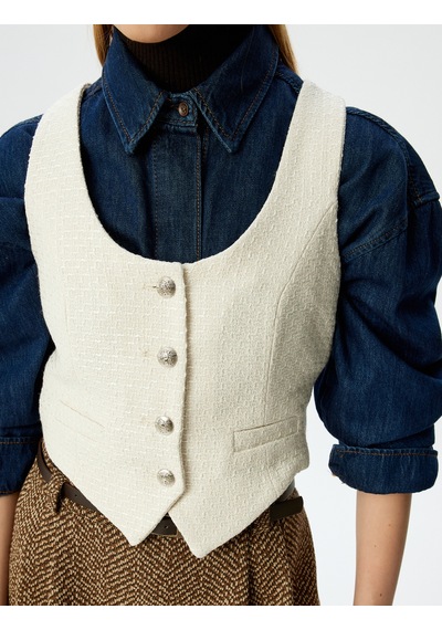 Koton Crop U Yaka Düğmeli Kolsuz Slim Fit Yelek Ekru 5wal30004ıw Ekru