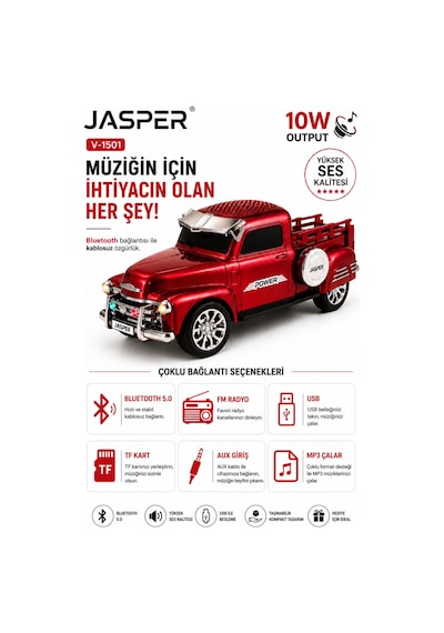 Jasper Jpr-1501 Kırmızı 10w Bluetooth Hoparlörlü Retro Kamyon Tasarım Fm Radyo, Usb, Tf Kart, Aux Ve Mp3 Çalar