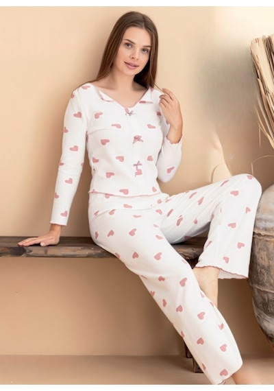 Kadın Kurdele Detaylı Kiraz Desenli U Yaka Likralı Pijama Takım Pembe-beyaz