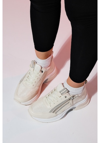 Luvishoes Oude Ekru Kadın Fermuarlı Kalın Taban Spor Sneakers Ekru