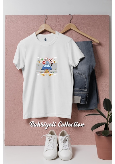 Oversize Trafik Kuralları Tasarımlı Unisex T-shirt Beyaz