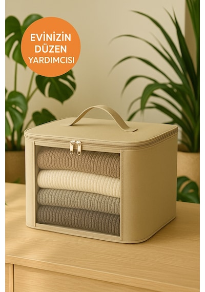 Mor Şeffaf Kapaklı Hurç 28x32x15 Cm Orta Boy Dolap İçi Kıyafet Ve Havlu Düzenleyici Altın