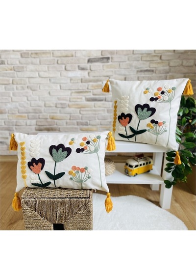 Swita Home Çiftli Kombin Punch İşlemeli Kırlent Kılıfı Panç Ekru