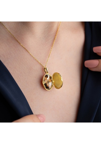 Vaoov 925 Ayar Gümüş Fotoğraflık Oval Kapaklı Açılır Kapanır Kolye Gold