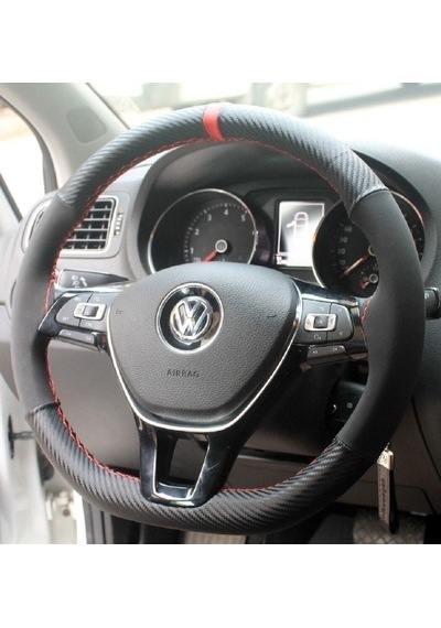 Vw Polo 2004> Dikmeli Direksiyon Kılıfı alkantara karbon Kırmızı