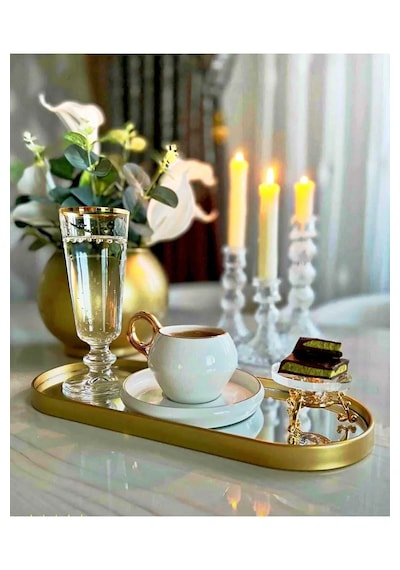 Ucr Home 2 Adet Aden Aynalı Duvara Asılabilen Dekor Ve Kahve Sunumluk Gold Tepsi 12x30 Cm Altın - Gold