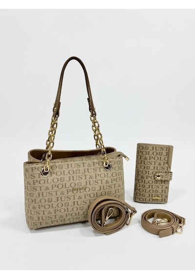 Just Polo Özel Günlere Uygun Baskılı Şık Omuz Çantası Ve Cüzdanı Kombin Shopper Vizon