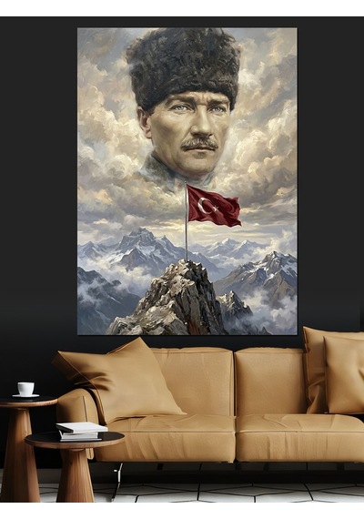 Dağ Zirvesinde Atatürk Ve Bayrak Dekoratif Kanvas - Mdf Ahşap Tablo