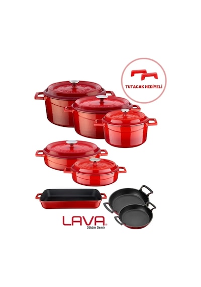Lava Döküm Sekizli Tencere Tava Seti Trendy Kırmızı Silikon Tuta