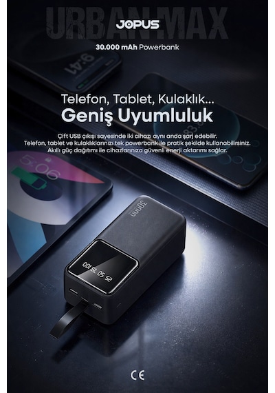 Jopus 30000mah Powerbank Lcd Ekranlı Taşıma Askılı Güçlü Taşınabilir Şarj Cihazı Siyah