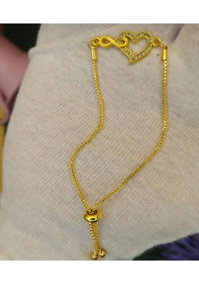Kadın Gold Renk Zirkon Taşlı Kalpli Asansörlü Bileklik Gold