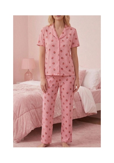 Fit Women Çilek Desenli Düğmeli Kısa Kollu Pijama Takımı 4588 PEMBE