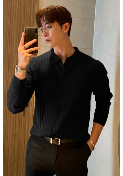 Cool Tarz Erkek Polo Yaka Triko Kazak Slim Fit Fitilli Siyah