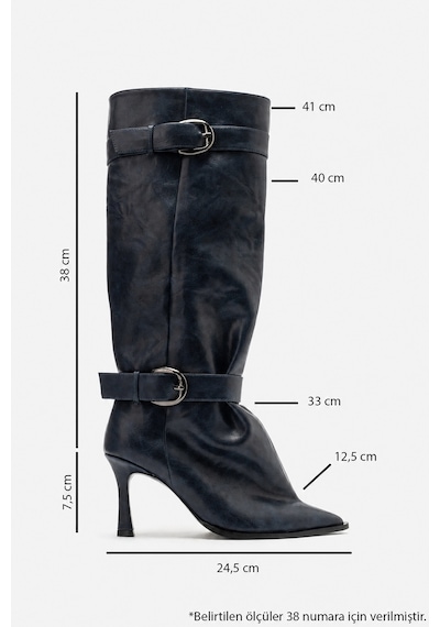 Luvi Shoes Marcella Lacivert Kemerli Kadın İnce Topuklu Çizme