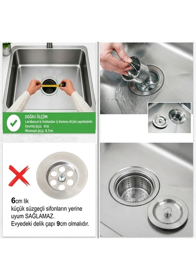 Derin Sepetli Büyük Mutfak Evye Lavabo Sifonu Paslanmaz Geniş Süzgeç Gider Borusu Gri